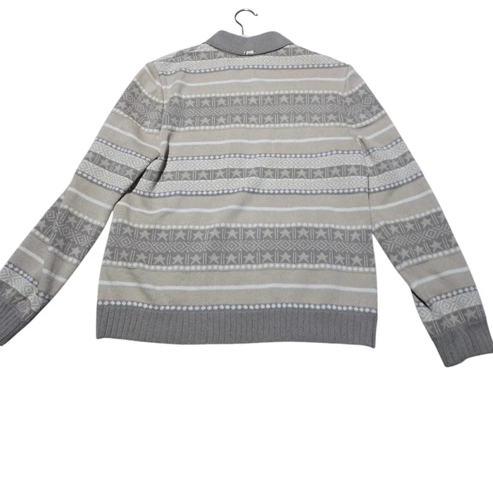 St John Sport Marie Gray Wool Blend Zip Up Sweater Fair Isle Star Beige Tan P